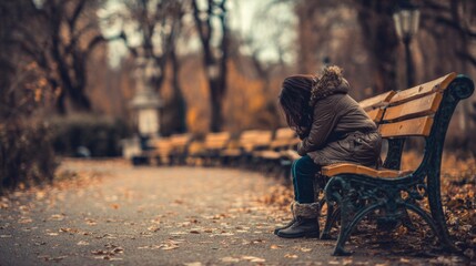 Young woman sitting alone on a bench in a quiet park surrounded by autumn leaves during late afternoon