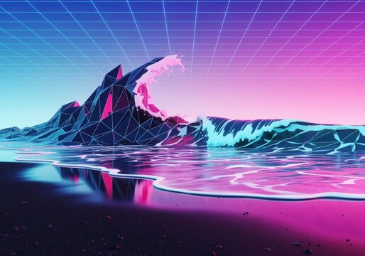Neon synthwave ocean landscape with polygonal mountains and retro grid sky