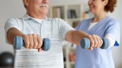 Senior man exercises with dumbbells while receiving guidance from a female caregiver in a bright indoor space