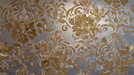 A silver and gold damask wallpaper with intricate floral patterns and metallic sheen, set against a white background.