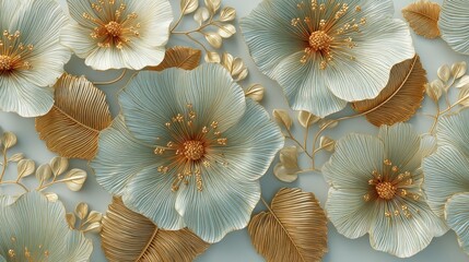 A detailed 3D rendering of a floral pattern with blue and gold flowers and leaves on a light blue background.