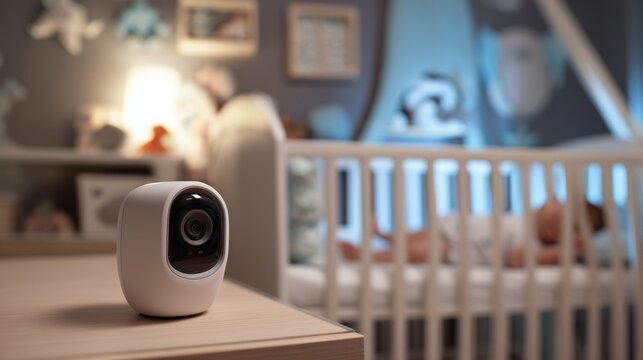 Baby monitor watches over sleeping infant in cozy nursery during nighttime hours - Powered by Adobe