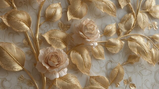 A luxurious gold and white floral wallpaper with intricate gold leaf patterns and beige roses, set against a white background with a subtle floral pattern.