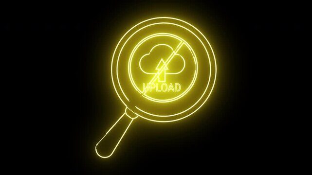 A yellow neon cloudupload symbol with a crossout mark inside a magnifying glass on a black background