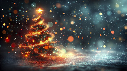 Obraz premium Glowing Christmas tree decorated with sparkling lights and bright star on top, surrounded by festive bokeh and snowflakes creating magical holiday atmosphere