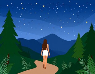 A woman walking toward mountains under a star-filled night sky
