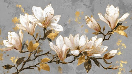 A white and gray abstract floral mural with gold accents, featuring a branch with white flowers and leaves, set against a textured gray background with gold leaf splatters.