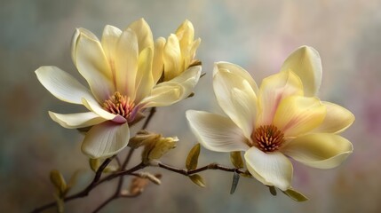 Fototapeta premium Two delicate yellow magnolia flowers with a textured, textured background