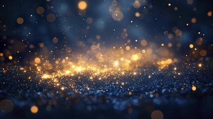 Obraz premium Golden glitter particles sparkle on dark blue background with bokeh light effect, creating magical and festive atmosphere full of glowing bright spots and shimmering texture