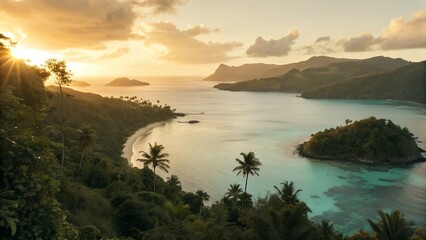 Sunset Over Tropical Bay with Palm Trees and Golden Horizon, Realistic Cinematic Seascape
