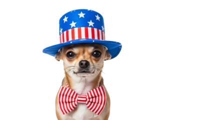 A light-brown and white Chihuahua dog is centered in the left half of the frame, facing forward against an isolated background. It is wearing a patriotic Uncle Sam-style top hat and a matching bowtie.