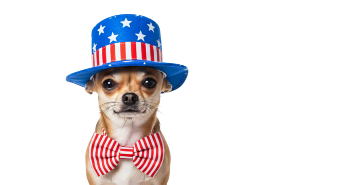 A light-brown and white Chihuahua dog is centered in the left half of the frame, facing forward against an isolated background. It is wearing a patriotic Uncle Sam-style top hat and a matching bowtie.