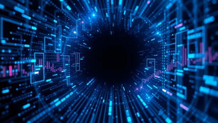 Obraz premium Abstract digital technology background with futuristic blue teleport portal binary code pattern, light motion, and a glowing fractal design