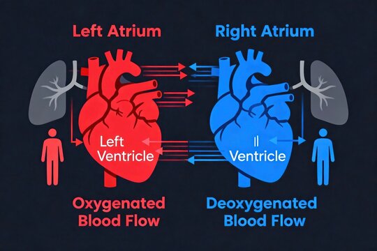 Heart Blood Flow Diagram Showing Oxygenated and Deoxygenated Circulation