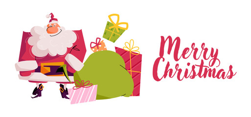 Santa Claus with big gift bag and Merry Christmas lettering. Festive vector banner perfect for holiday cards, posters, winter greetings, and Christmas design