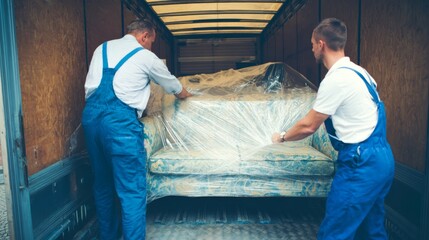 Movers carefully wrapping furniture in a truck during relocation process in a busy urban area