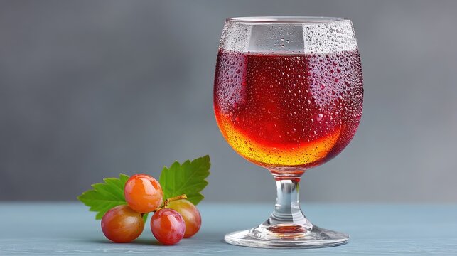 A dramatic close-up of a clear glass filled with deep red wine showing condensation droplets and a bright yellow-orange glow at the bottom beside a small bunch of ripe red grapes with green leaves