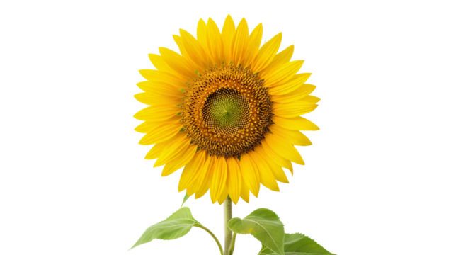 Single fully bloomed sunflower with vibrant yellow petals surrounding a green center. Isolated against transparent background.