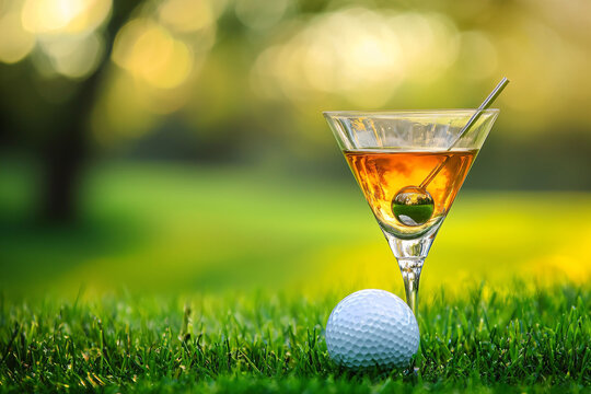Refreshing Cocktail and Golf Ball on Lush Green Grass