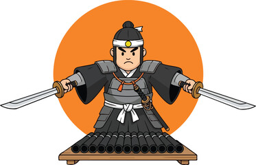 Obraz premium Samurai with swords stands before cannon battery under sun. Suitable for historical themes in designs, presentations, or marketing.