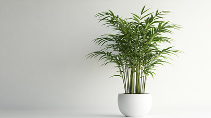 Fototapeta premium Indoor green palm plant in simple white round planter adds fresh natural beauty and calm atmosphere to modern minimalistic interior space with soft lighting