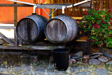 Rain Water Collection System For Garden With Wooden Barrels