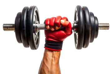 Hand in red glove holding dumbbell isolated on transparent background