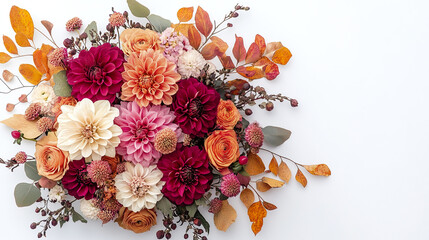 Autumn inspired bouquet with golden dry leaves and vibrant flowers in shades of burgundy, peach, pink, and cream arranged on white background creating warm and elegant floral display