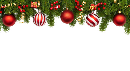 Festive Christmas-themed design, featuring a horizontal strip of greenery, including pine branches adorned with red and white ornaments. No background, transparent png file.