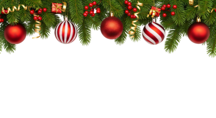 Festive Christmas-themed design, featuring a horizontal strip of greenery, including pine branches adorned with red and white ornaments. No background, transparent png file.