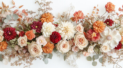 Autumn inspired bouquet with golden dry leaves and vibrant flowers in shades of red, orange, and cream creating warm and elegant floral arrangement