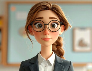 Animated portrait of a smiling woman with glasses, in a professional setting