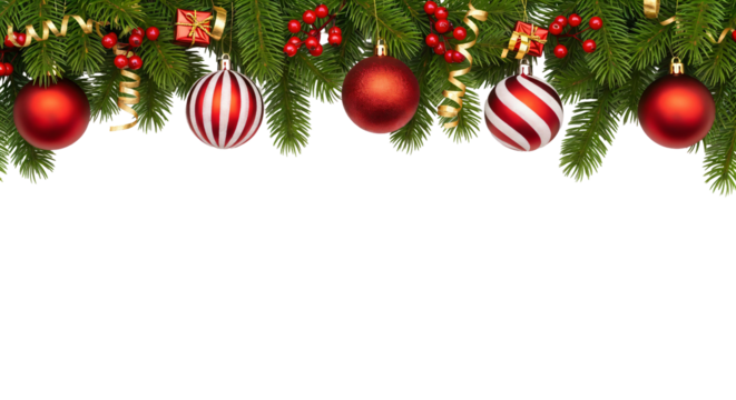 Festive Christmas-themed design, featuring a horizontal strip of greenery, including pine branches adorned with red and white ornaments. No background, transparent png file.