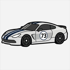Fototapeta premium Illustration of a white sports car with blue stripes and the number 73 on the door against a plain white background.