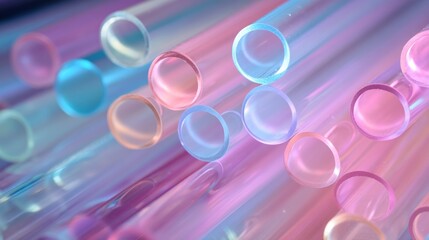 A colorful array of transparent tubes and spheres, with a gradient of colors from blue to pink, against a blurred background.