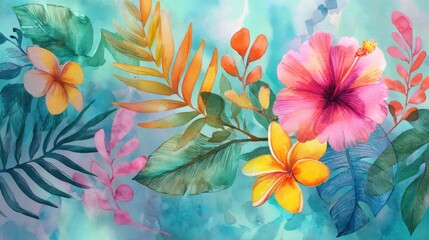 Obraz premium A vibrant tropical floral arrangement with pink, yellow, and orange flowers and green leaves against a teal background.