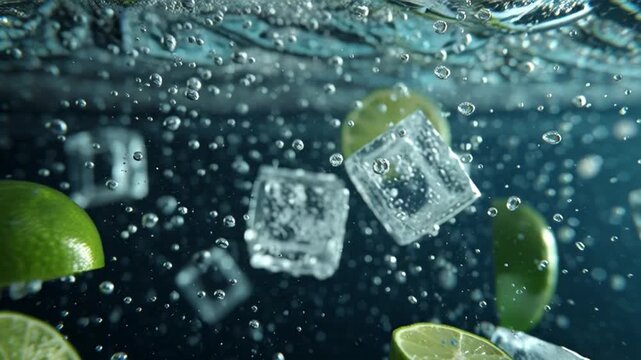 Invigorating lime slices and ice cubes cascading in refreshing water for a vibrant, dynamic beverage concept or a sparkling summer refreshment ad