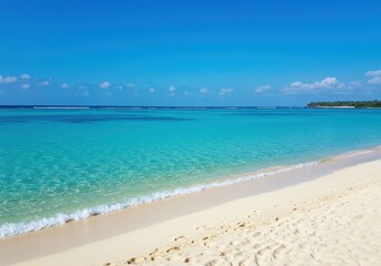 Fototapeta premium A vibrant tropical scene showing the deep blue ocean meeting a pristine white sand beach under bright midday sunshine. Perfect destination ,turquoise ,peaceful ,tranquility