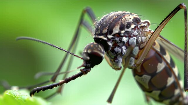Extreme Macro Close-up Video Footage of a Mosquito Showcasing Intricate Body Details Compound Eyes and Proboscis on a Green Leaf Nature Insect Pest