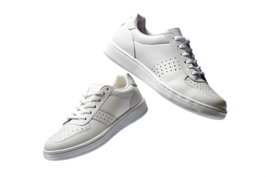 Pair of white leather sneakers isolated on transparent background for lifestyle concept
