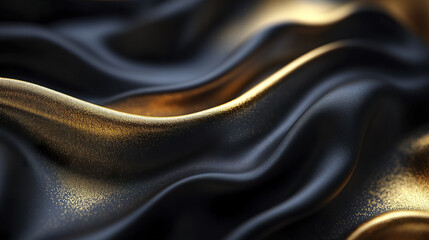 Black fabric with golden shimmer and soft folds creates luxurious and elegant texture with radiant light reflections and smooth silky appearance in close up view