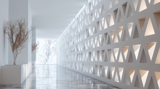 A modern, minimalist hallway with a white, geometrically patterned wall and a long, narrow, white floor. - Powered by Adobe