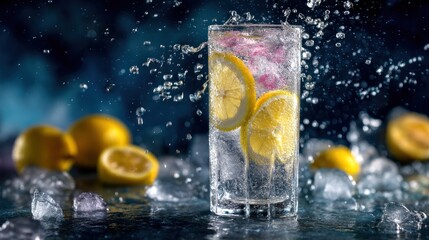 A glass of water with lemon slices and ice cubes, set against a dark background with splashes of water.