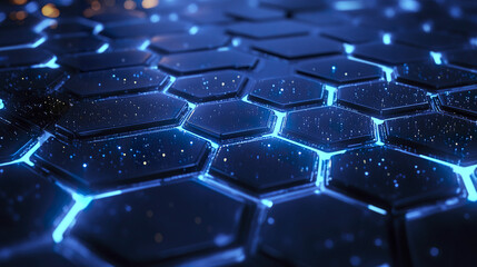Fototapeta premium Glowing blue hexagonal shapes with illuminated edges create futuristic tech pattern, featuring sparkling particles that add dynamic and high tech atmosphere