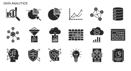 Modern data analytics black glyph icon set for business intelligence and strategy solutions, perfect for presentations and digital marketing materials