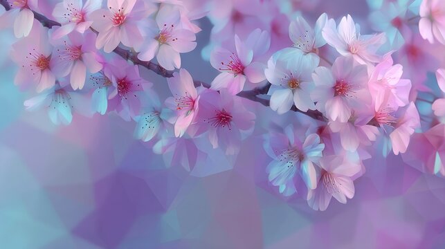 A branch of cherry blossoms with pink and white flowers against a blurred, geometric background. - Powered by Adobe