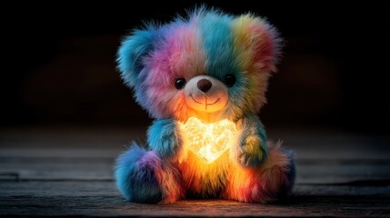 Fototapeta premium A colorful, fluffy teddy bear with rainbow-colored fur sits on a wooden surface against a dark background.