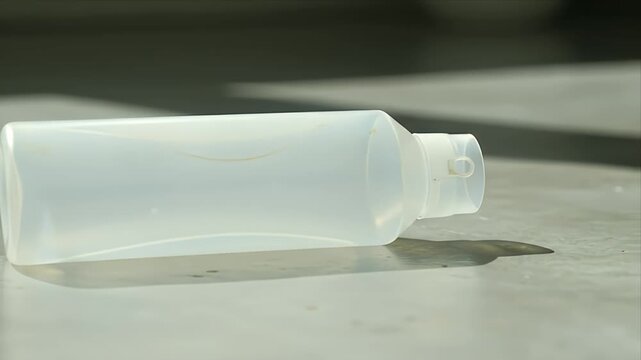 Clear translucent plastic bottle lying horizontally on a light surface with a small liquid spill close up shot Emphasizes sustainability waste and hydration