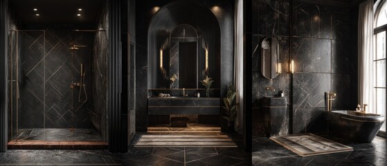 Elegant black bathroom interior with luxury decor and modern design features