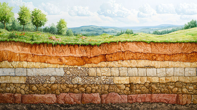 Cross-Section of Soil Layers with Lush Green Landscape Background